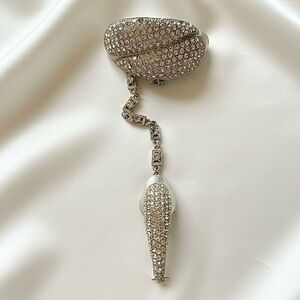 Vintage Hand Chain Rhinestone Bracelet and Ring Statement Silver Glam Jewelry
